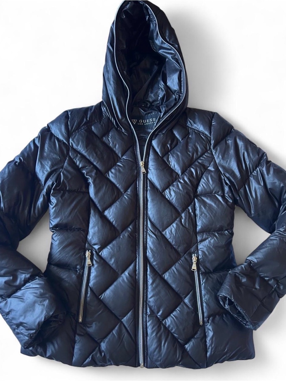 GUESS Black Quilted Down Feather Hooded Puffer Jacket Size M